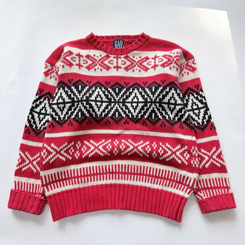 GAP Men's Small Fair Isle Nordic Cotton Sweater Red Black Cream